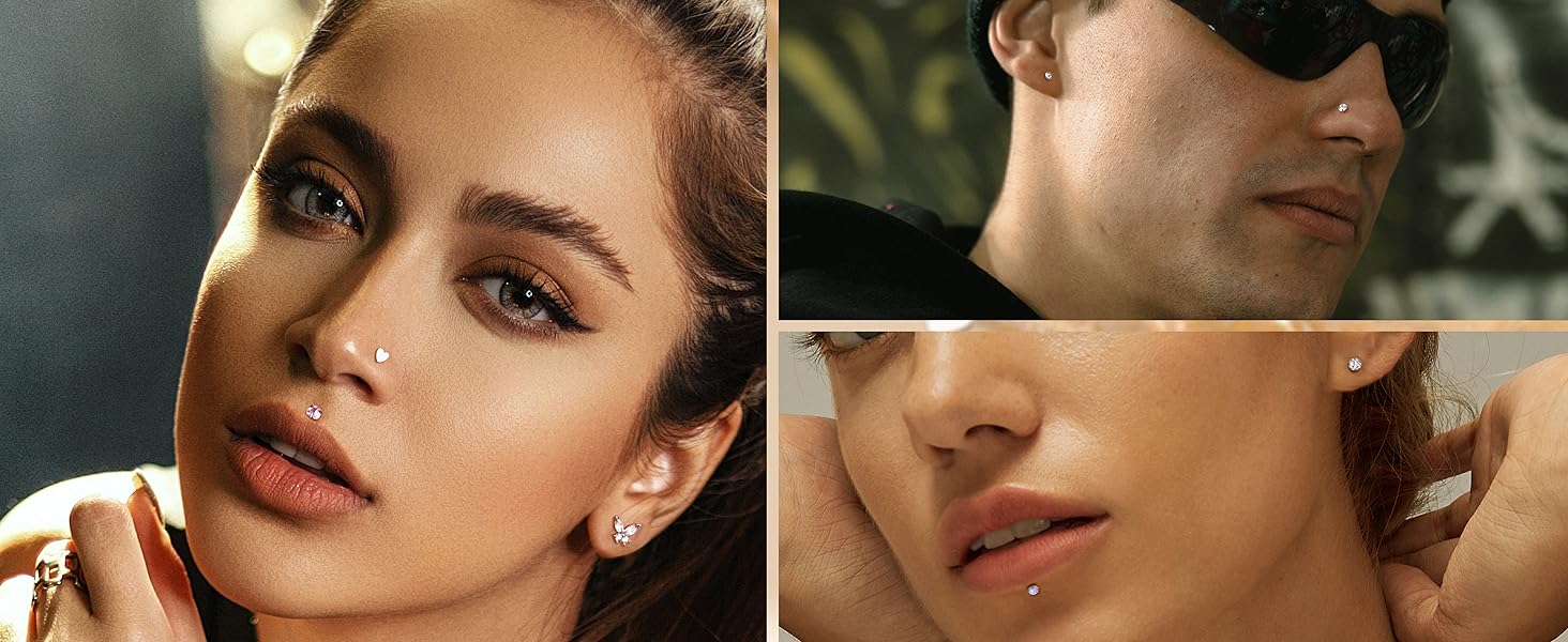 15PCS 16G 18G Stainless Steel Lip Studs for Women Internally Threaded Labret Lip Ring CZ Opal Flat Back Nose Rings Stud Cartilage Helix Tragus Earrings Piercing