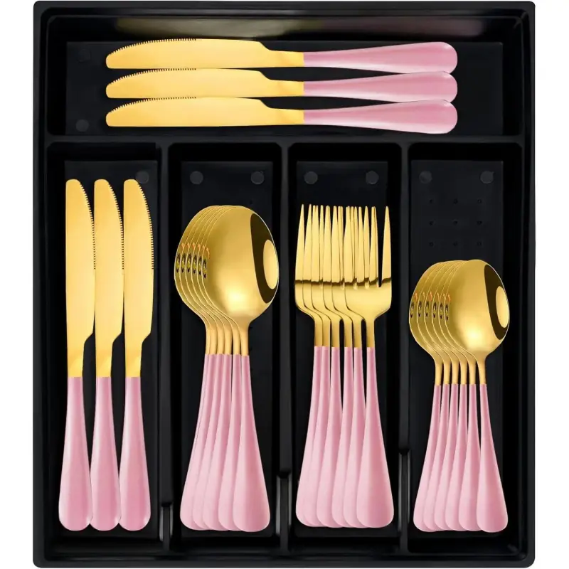 24- Flatware Set with Organizer,Heavy Duty Stainless Steel Silverware for 6,Pink Cutlery Utensil Sets with Antiskid Handle,Rust-proof Stainless Steel Cutlery, Mirror Polished (Pink)