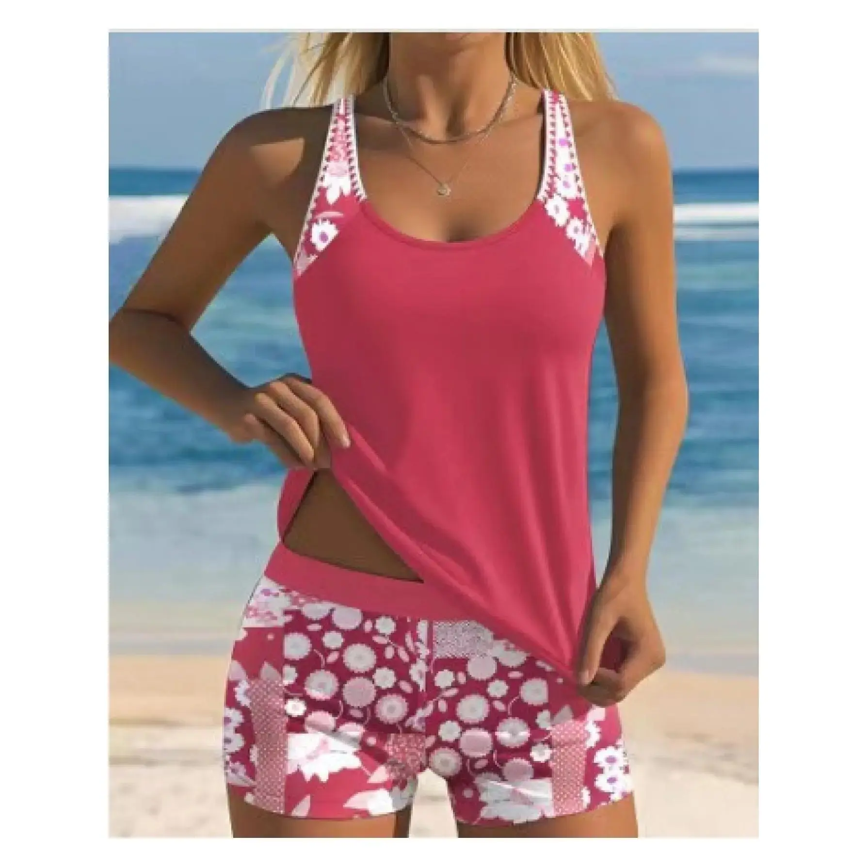 Women's 2-Piece Tropical Print Tankini Swimsuits Set - Round Neck Top, High-Waisted Shorts, Beach Wear for Sports & Outdoor Use, Two-Piece Suit, High Waisted Women's Tankinis Set