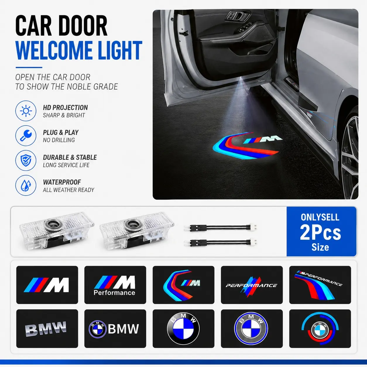 2Pcs LED Car Door Welcome Light Projector Logo Lamp for BMW E90 E92 E93 F30 F10 F20 F22 F32 F36 G20 G30 X1 X3 X5 X6 M Sport Performance Courtesy Ghost Shadow Light Plug and Play Wireless Door Puddle Lamp Accessories
