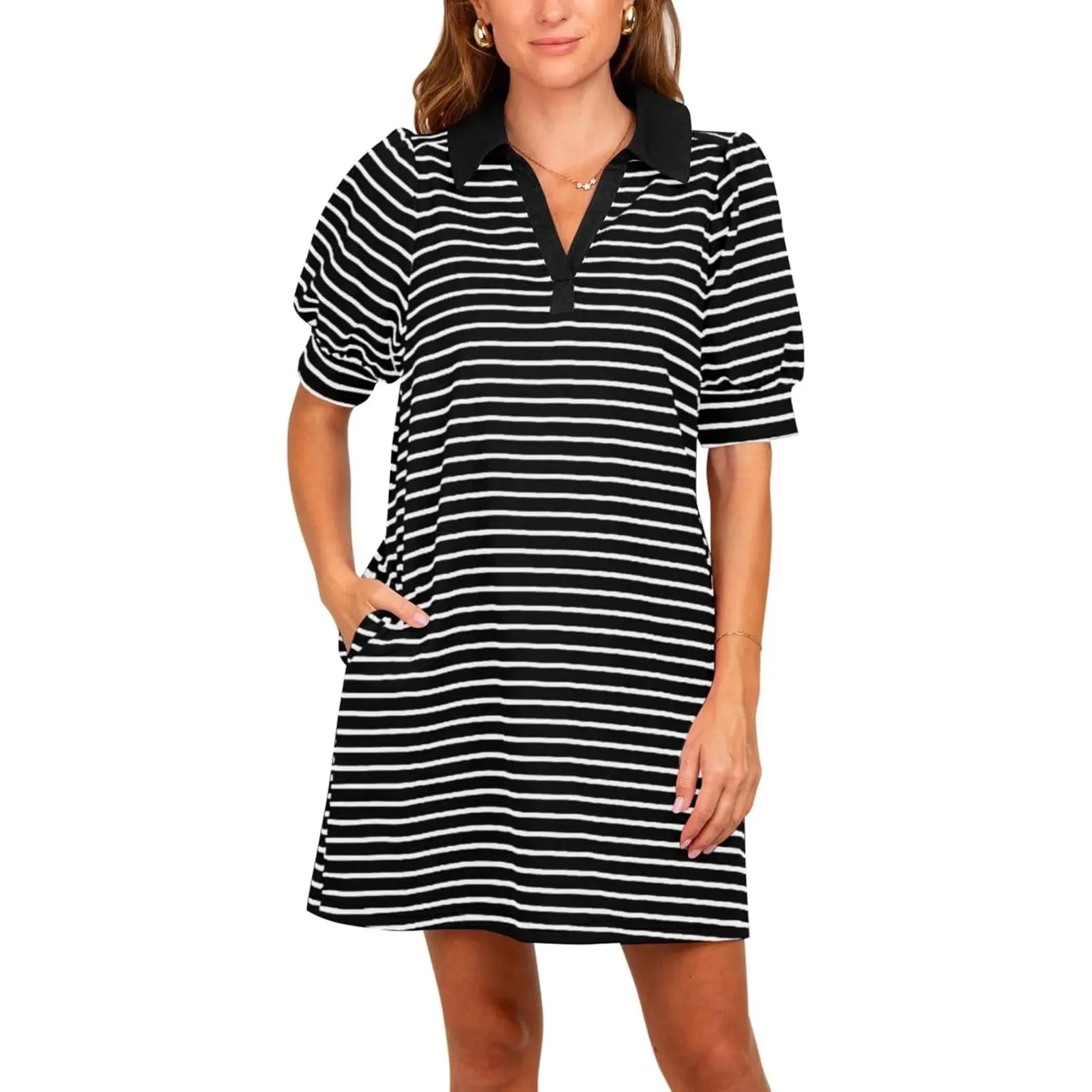 YOUSIFY Women's Casual Polo Dress, Summer Color Block Striped Lapel V-Neck with Puff Short Sleeves and Pockets, Shortsleeve