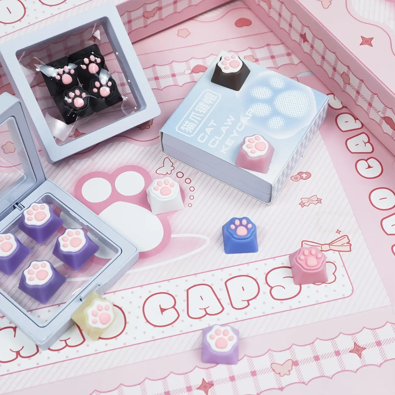 4Pcs Cute Cat Paw Print & Pink Heart Keycaps, 3D Soft Silicone Kawaii Key Caps, MX Switch Compatible for Mechanical Keyboard, Gift Box Packaged