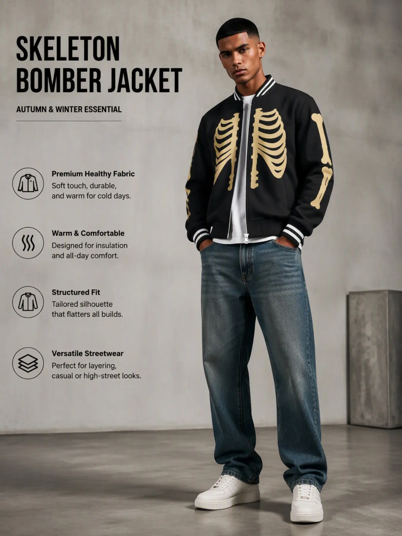 Men's Skull Print Full Zip Baseball Jacket, Vintage Striped Stand Collar Sweatshirt, Loose Fit Urban Casual Gothic Streetwear Outerwear