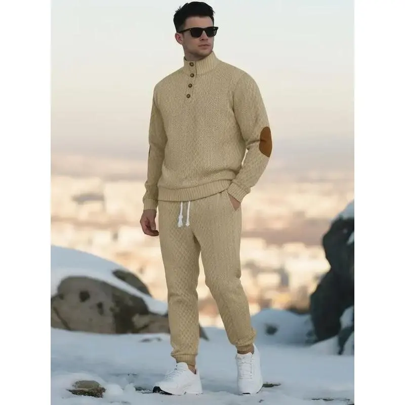 Men's knitted suit. The top features a half-placket and a high neckline, paired with simple and practical buttons. The brown elbow patches create a color contrast and match the drawstring jogger pants in the same color family. The fabric is thick.