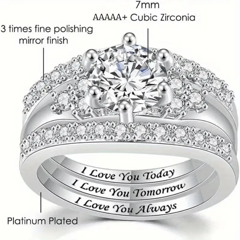 Women's 925 Sterling Silver 3-Piece Engagement Ring Set - 6-Claw Setting, Zirconia Center, Love Inscriptions "I Love You Today, Tomorrow, Always", Gift with Included Gift Box, Rings For Women, Engagement Gifts,promise rings,,engagement rings vintage court
