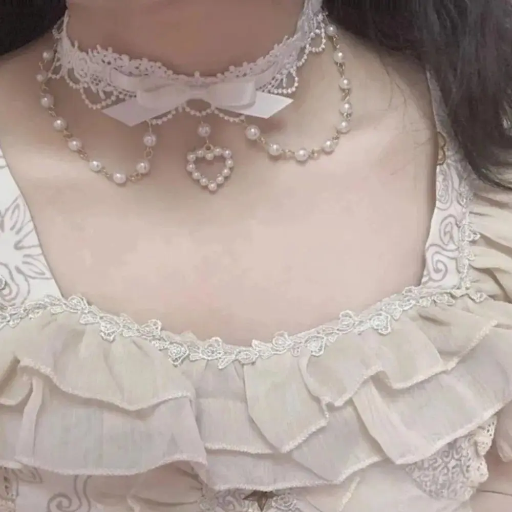 Sweet Cute Lolita Lace Pink Bow Pearl Tassels Heart Pendant Choker for Women Y2K Gothic Princess Necklace Cosplay Party Jewelry
