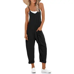 Women's Causal Jumpsuits V Neck Sleeveless Harem Overalls Stretchy Adjustable Strap Romper with Pockets