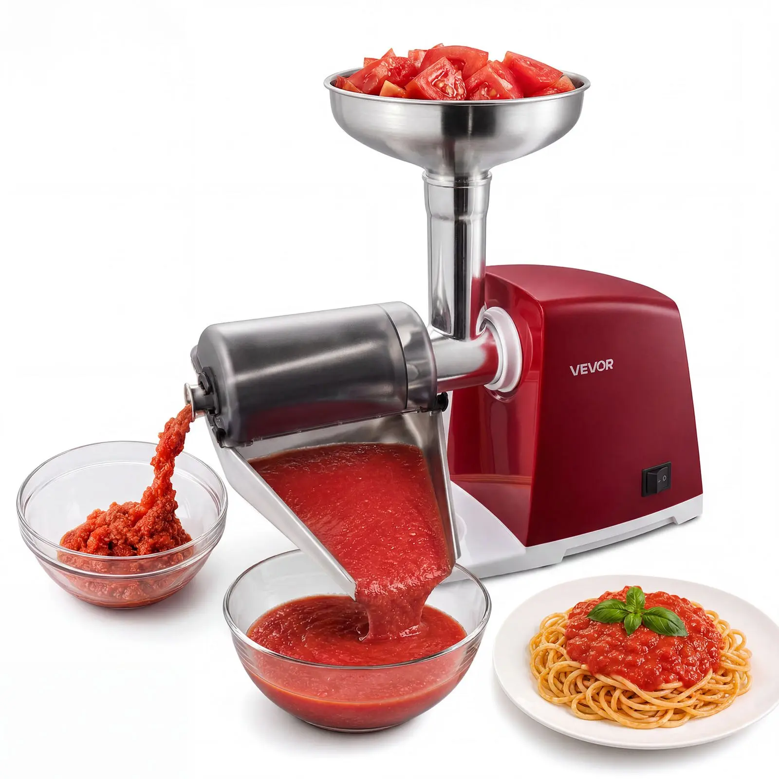 Stainless Steel Electric Tomato Strainer with Max Power 800W, 300W Rated Power, 88 lbs/H Capacity, 4 Screens (1mm,1.5mm,3mm,6mm) - Red Food Mill Press for Strawberry Salsa, Puree Sauces Maker