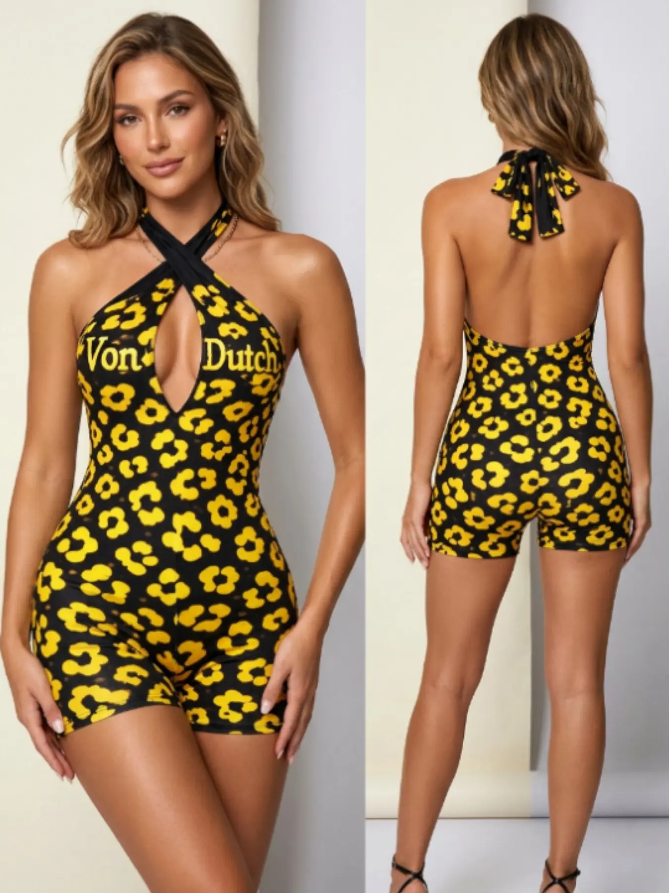 Women's Cross Back Deep V Neck Printed Jumpsuit, Fashion Short Sleeveless High Waist Fitted Jumpsuit, All Season Full Print