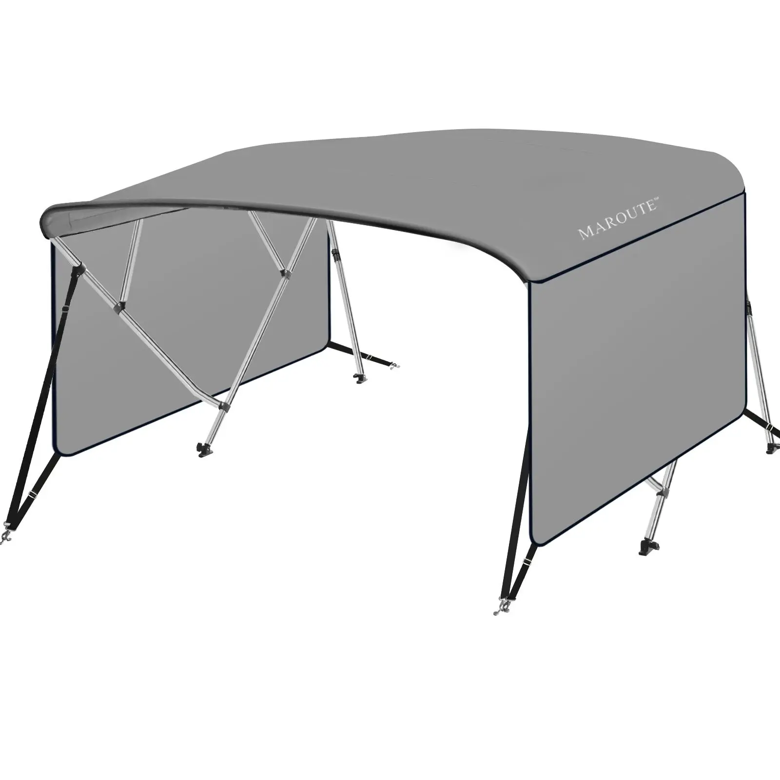 8' l x 54" Classic 4 Bow Bimini Top Boat Cover - Aluminum Frame, Adjustable Poles, Straps, Rear Support Poles, Zippered Boot, PU Coated Gray Canvas