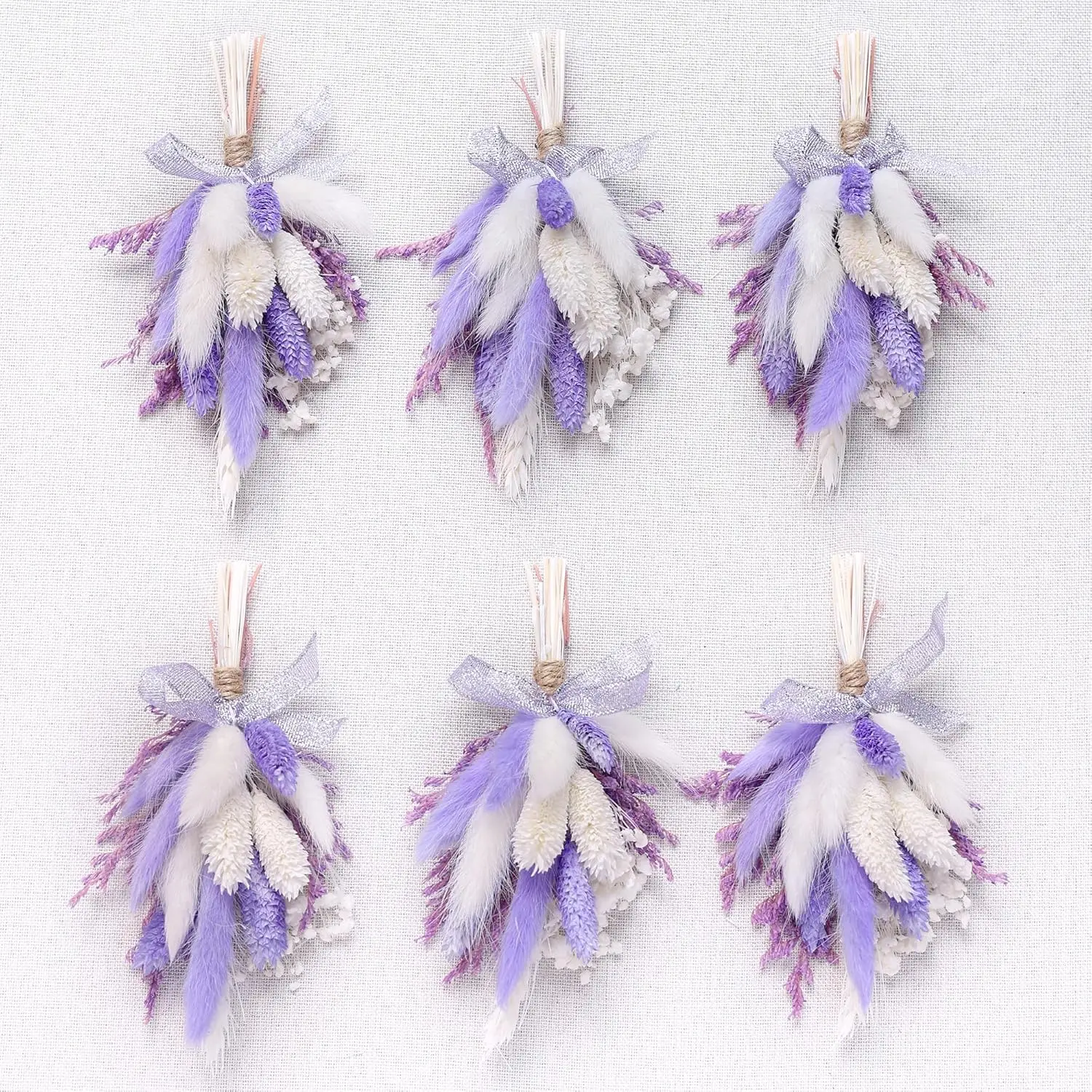 6-Piece Metal Ornaments Decorative Mini Dried Flower Bouquet Set - 5 to 7 Inches Purple Small Dry Pampas Grass, Boutonnieres, Bridesmaid Gift Box, Boho Bedroom Table Centerpieces, Vase Decorations