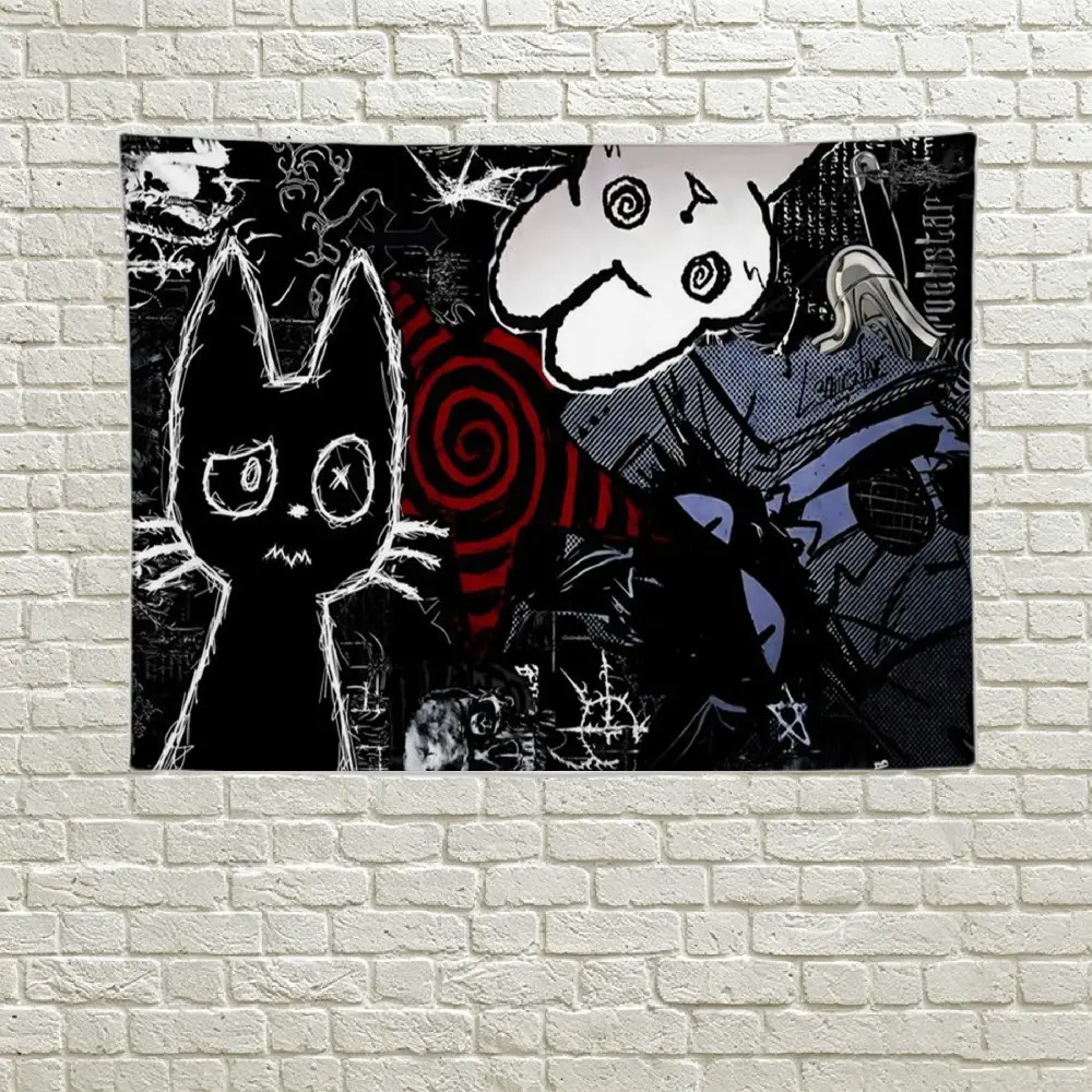 Grunge Black Cat Collage Wall Flag - Tapestry Wall Hanging, Tapestry Wall Mural, Alternative Art Print, Mid-century Modern Black Flash Manga Style, Emo Aesthetic, Goth Home Decor, For Adult Fans, Living Room, Bedroom, Dark Vibe Decor, Decorative Tapestry