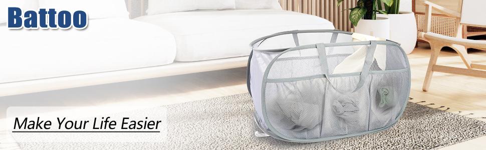 2 Pack Collapsible Laundry Baskets, Laundry Hamper with Convenient Bags, Foldable Laundry Basket Mesh Light Weight, Easy to Carry Clothes Hampers for Laundry, Dorm, Toys, Travel Grey