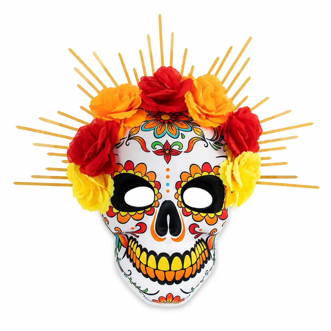 Mexican Day of the Dead 3D Flower Sugar Skull Mask, Eva Full Face Painted Skull Sunburst Crown, Halloween Cosplay Party Props