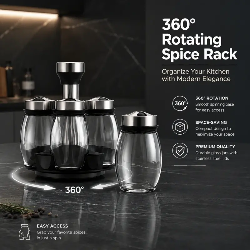 6-Jar Rotating Spice Rack Set, Spices Organizer, easy access and space-saving for stovetop. Keeps your kitchen tidy and holds all kinds of seasonings and spices.