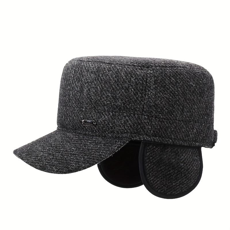 Men's Winter Warm Fleece-Lined Thickened Flat Cap with Ear Flaps - Tweed Style Felt Hat for Elderly & Middle-Aged, Multi-Color Options (Black, Navy, Brown, Grey) - Outdoor & Formal Cold Weather, Christmas/Thanksgiving/Halloween Accessory, Funky & Stylish
