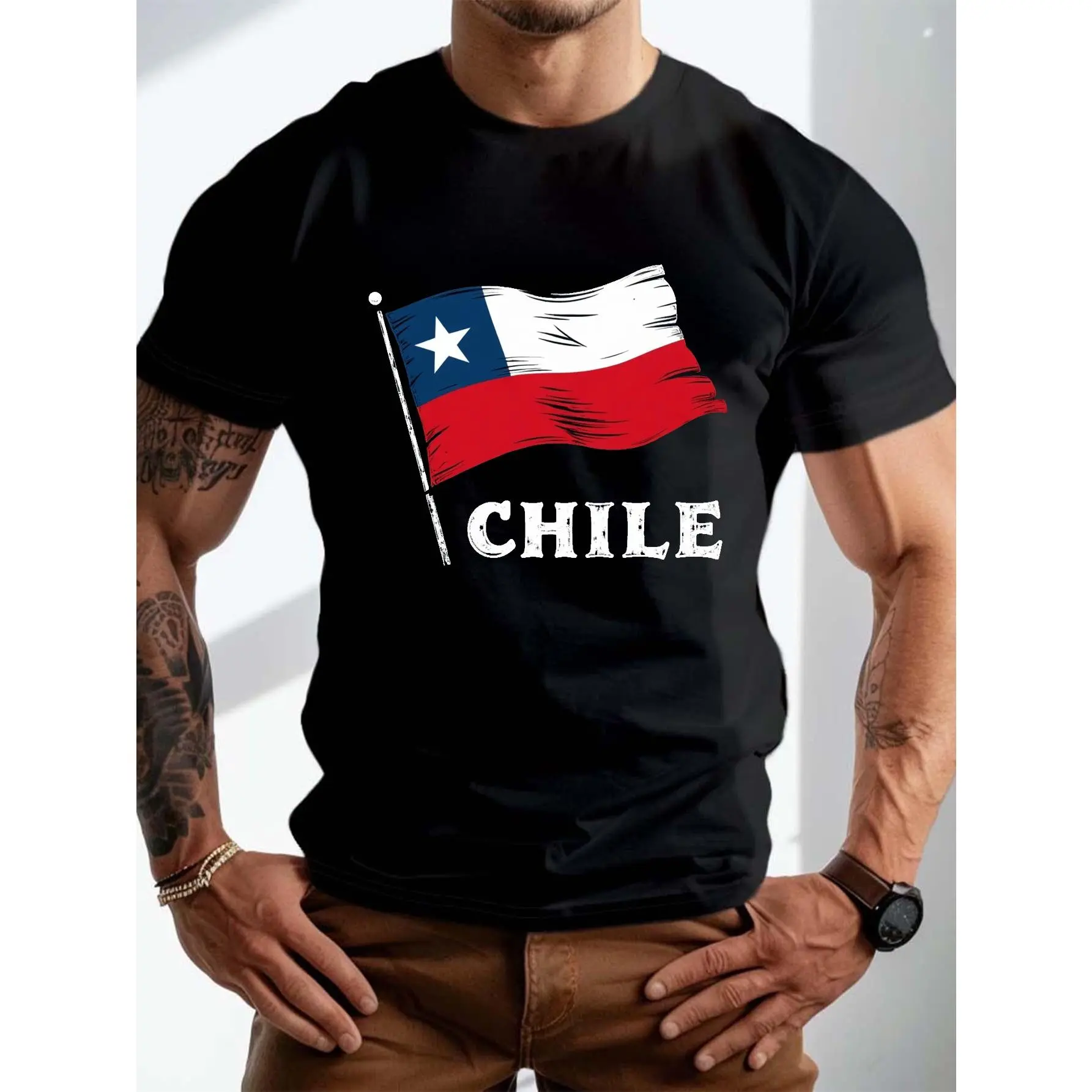 Men's Plus Size Chile Flag Print T-Shirt - Black, Retro Waving Design, Casual Crew Neck, Short-Sleeve, Foldable Knitting Polyester Top, Slight Stretch, Summer Streetwear Menswear, 1Xl