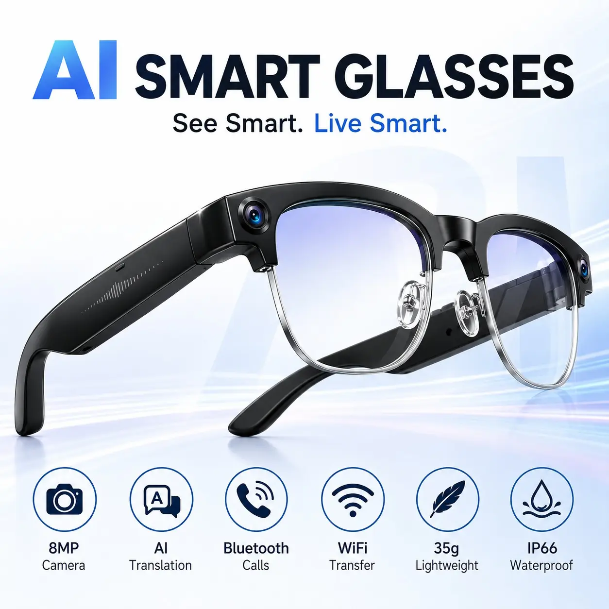 Pov Vlog Wearable Smart Glasses with Camera, HD Photos and Videos, Ai Object Recognition, Real-Time Translation, Ai Voice Control, Long Battery Life