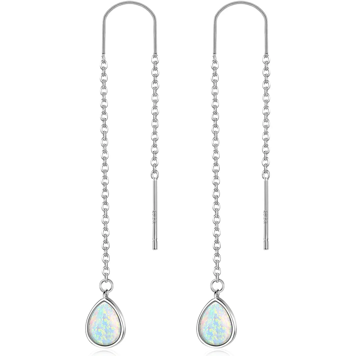 Women’s 925 Sterling Silver Long Chain Threader Earrings, Dainty Opal Moon Star Geometric Pull‑Through Ear Line, Hypoallergenic Sparkly Drop Dangle Earrings for Daily Wedding Party Prom Wear