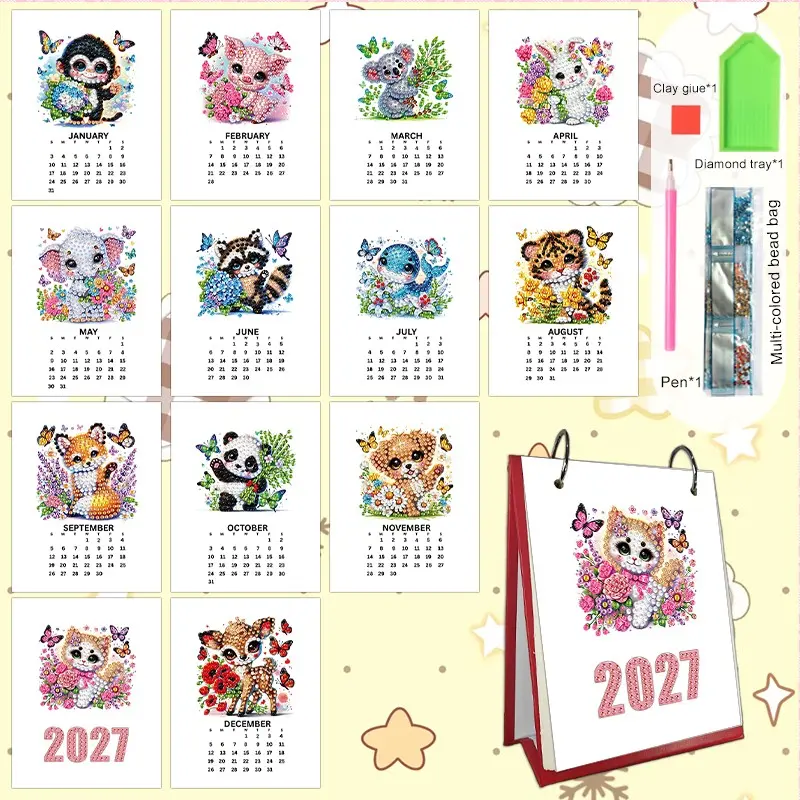 2027 Cute Floral Design Animal Diamond Painting Calendar, Mini Desktop Calendar for School Desk, Creative Handmade Office Desktop Calendar, Decorative Calendar Stand