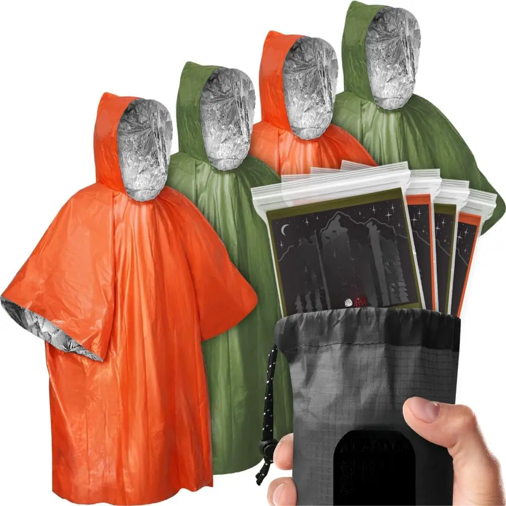 Rain + Heat Emergency Poncho - Wearable Mylar Space Blanket For Hiking, Camping, First Aid, Survival