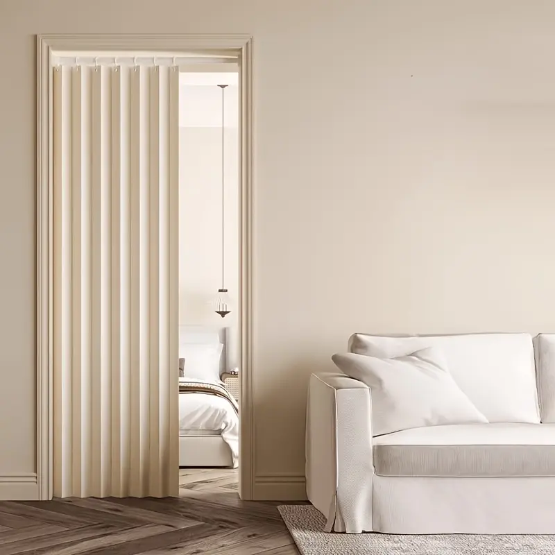 2D Heavyweight Polyester Door Curtain Panel, Sliding Room Divider for Living Room, Hidden Folding Storage System, No Drill Track Installation, Space Saving Modern Screen, Machine Washable