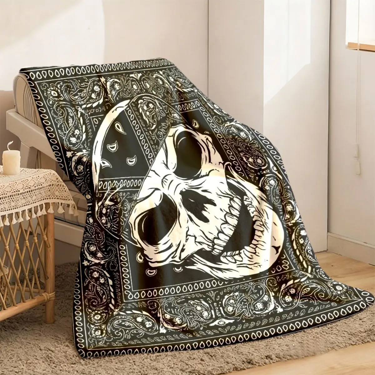 2026 New Arrivals 1pc Vintage Skull & Paisley Throw Blanket Extra Large Soft & Cozy Flannel for Sofa, Bed, Office Nap, Outdoor Camping & Travel Machine Washable, AllSeason Comfort, Black with Intricate White