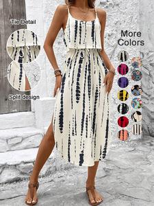 women's all over print tie front split thigh cami dress, casual sleeveless spaghetti strap long dress for summer, ladies clothes for beach holiday, slip dress, womenswear
