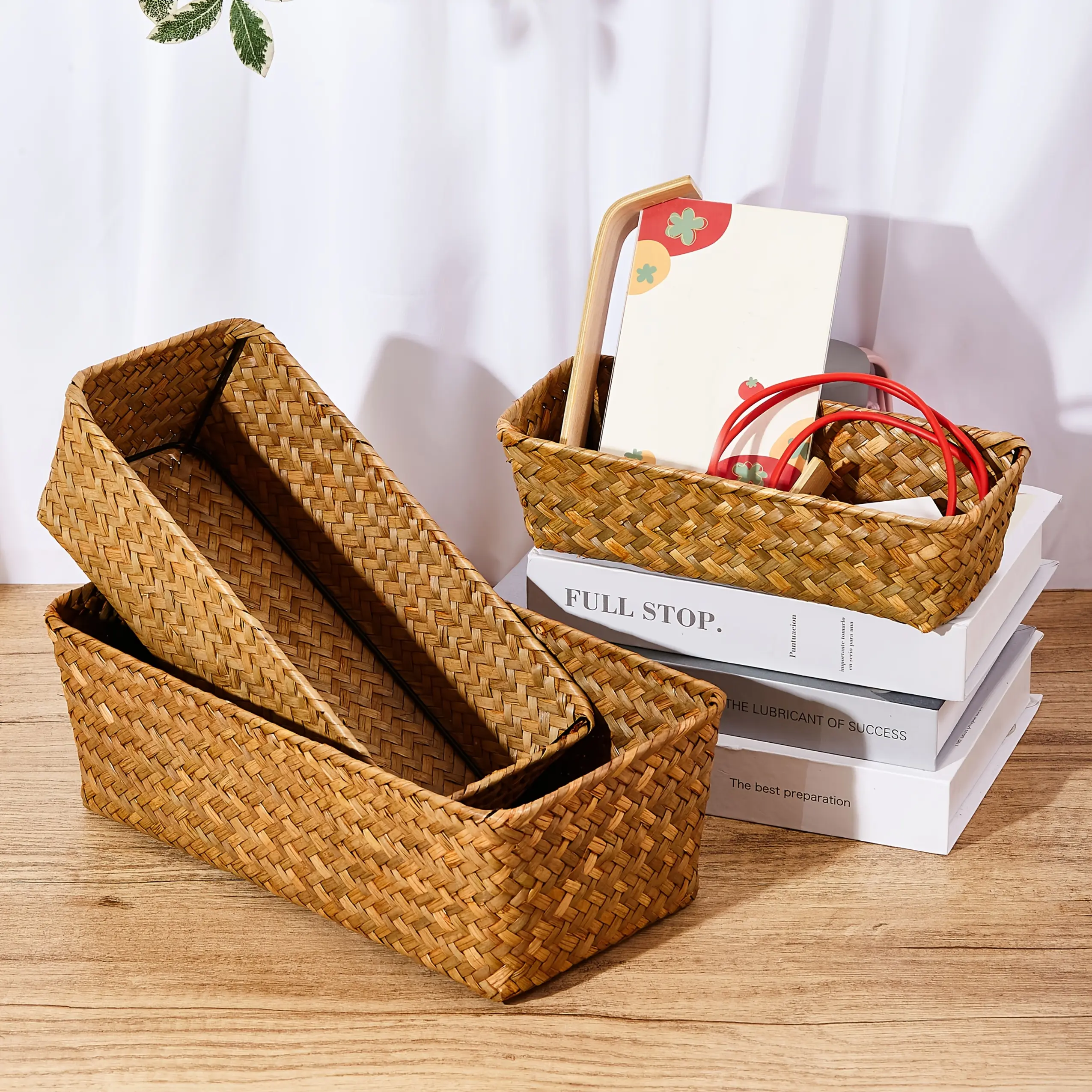 Seaweed Woven Household Item Storage Basket, Home Dining Room Kitchen Desktop Food Fruit and Vegetable Basket, Cosmetic Storage Rack, Bathroom Item Storage Basket, Desk & Drawer Organizer for Home Storage