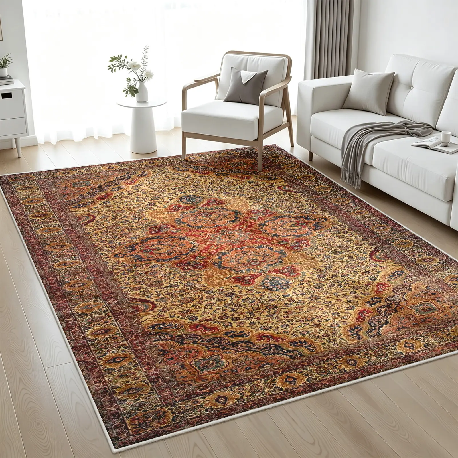 1PC Vintage Distressed Oriental Area Rug, Mustard Yellow and Rust Red Floral Medallion Carpet, Soft, Non-Slip, Machine-Washable Floor Covering, Stain-Resistant, Low-Pile Rug, Aesthetic Decor for Living Room and Bedroom (Various Sizes)
