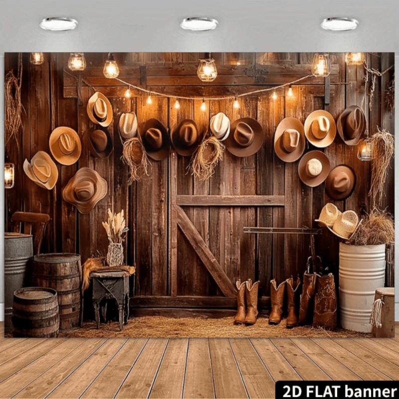2D Western Cowboy Style Backdrop with a Wooden Barn Door, Hanging Cowboy Hat, Hay Stacks, Wooden Barrel, Metal Bucket, Cowboy Boots, Decorative String Lights, Hay, Vintage Small Table, Glass Jars, and a Dark