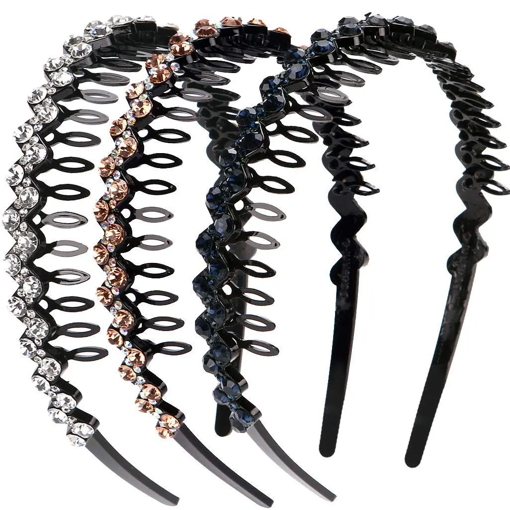 Wave Rhinestone and   Comb Headbands For Women, Non-slip Hard Headbands (++Dark blue)