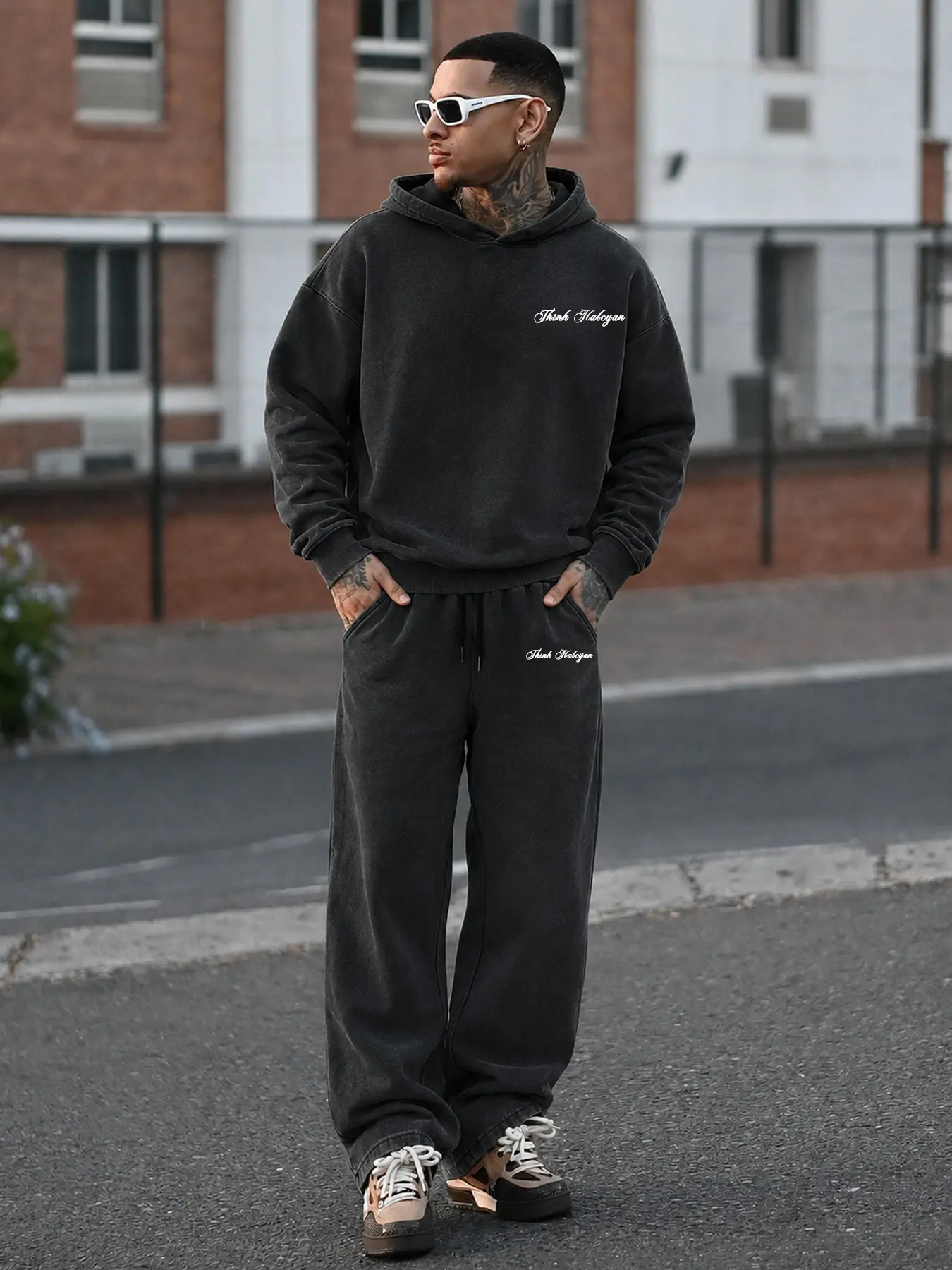 Premium Heavyweight Acid Wash Hoodie and Sweatpants Set | Vintage Oversized Drop Shoulder Streetwear Tracksuit Sweatsuit Sets for Men, Cozy Casual Everyday Lounge Matching Set