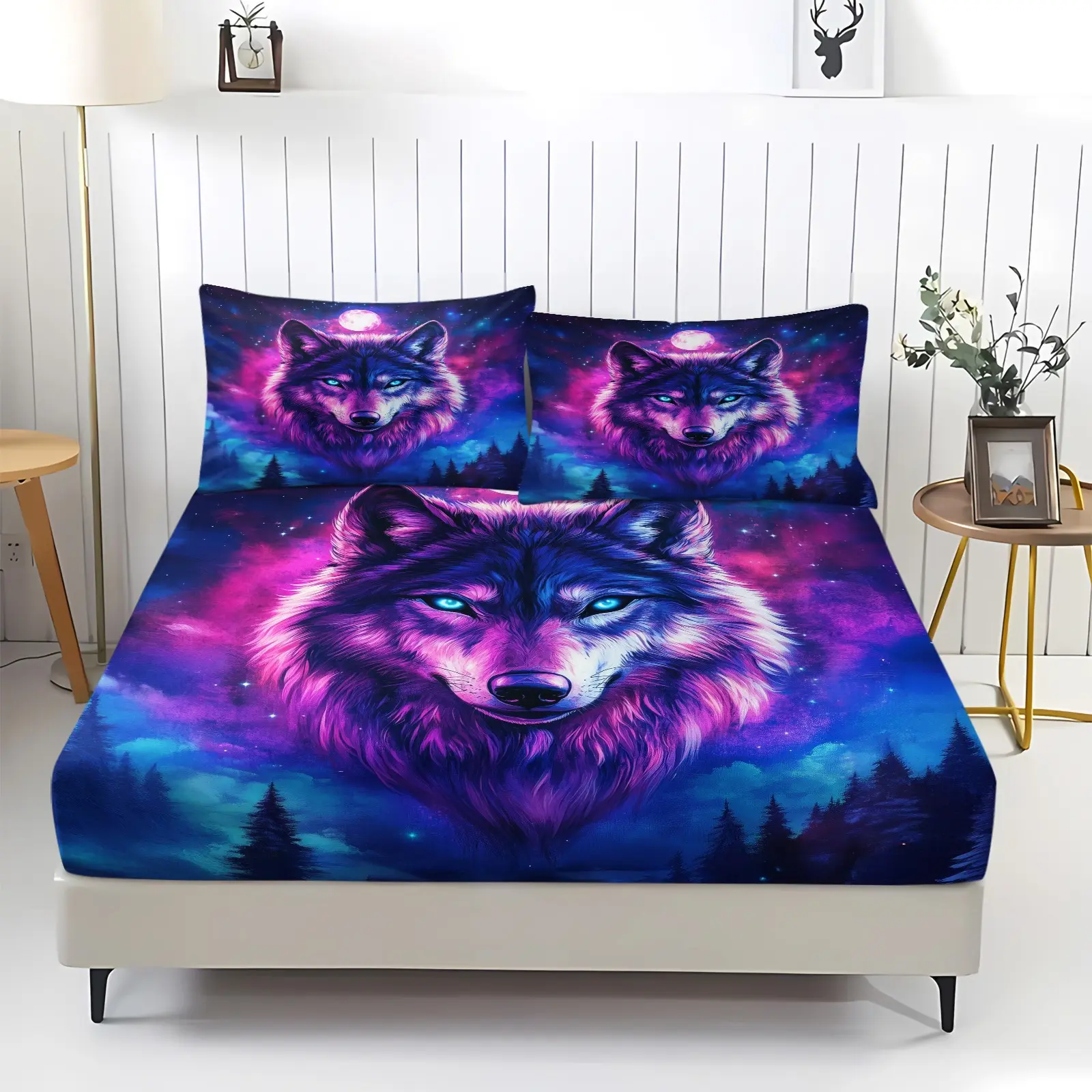 Wolf Pattern Fitted Sheet Set, Including 1 Sheet And 2 Pillowcases, Comfortable Bedding, Bedroom Decor