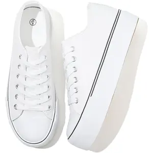 Women's White Platform Sneakers Leather Platform Shoes Classic Black Low Top Sneakers Casual Walking Shoes for Women