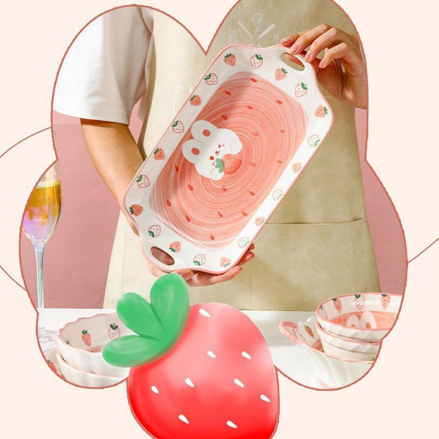 Strawberry Pattern Ceramic Plate, Cute Strawberry Pattern Baking Plate, Household Dinner Plate, Fruit Plate, Kitchenware