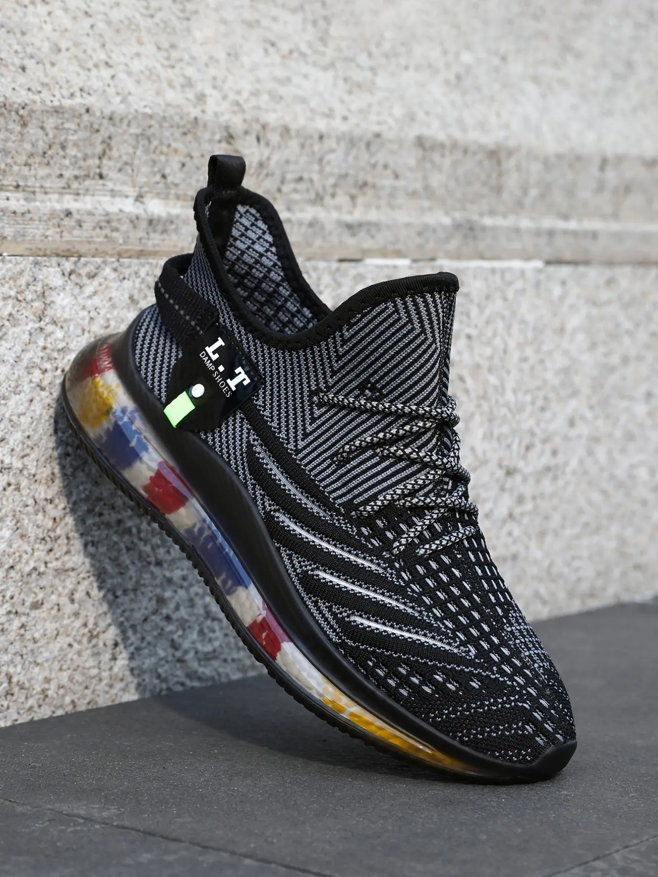 Gradient Flyknit Sneakers, Full Sole Colorful Bubble Cushion, Breathable Lightweight Shock Absorption, Men's Casual Shoes