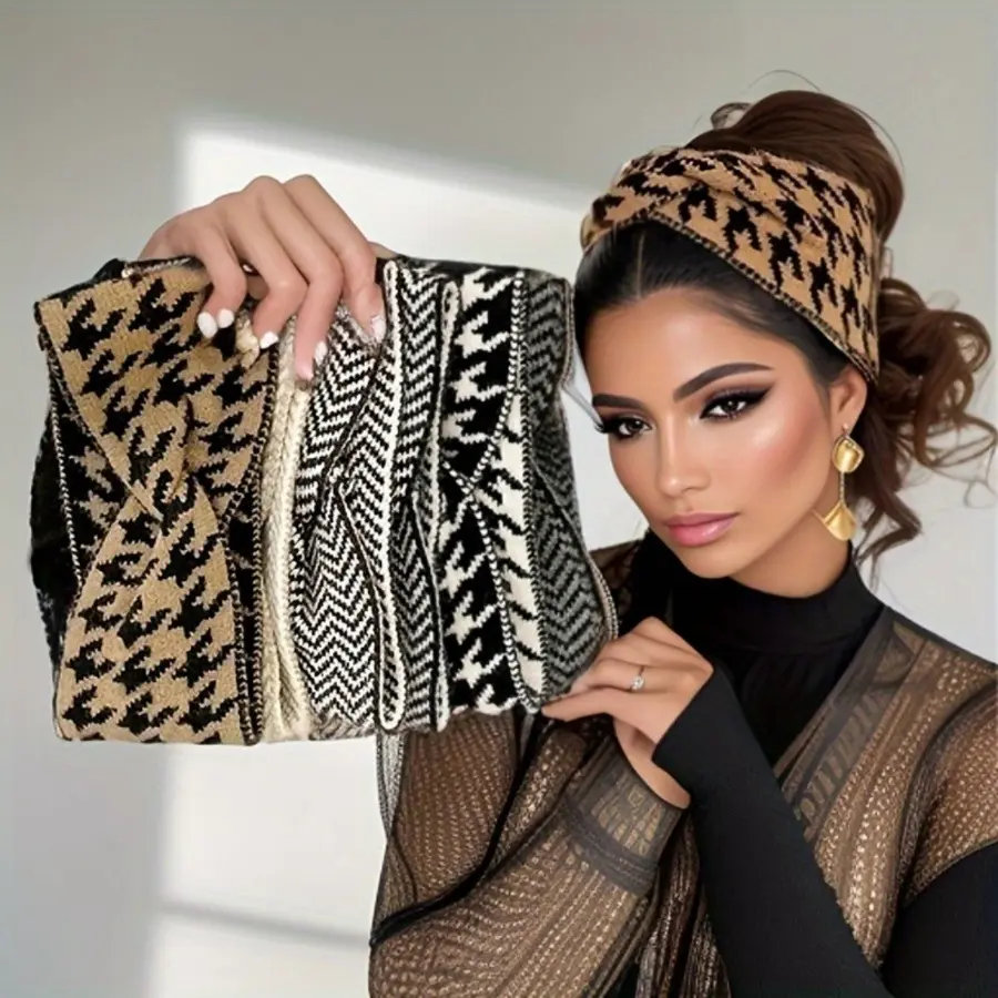 Vintage Houndstooth Headband for Women, Soft Knit Wide Cross Turban, Elastic Hair Wrap for Daily Wear and Sports, Headbands For Women, One Size