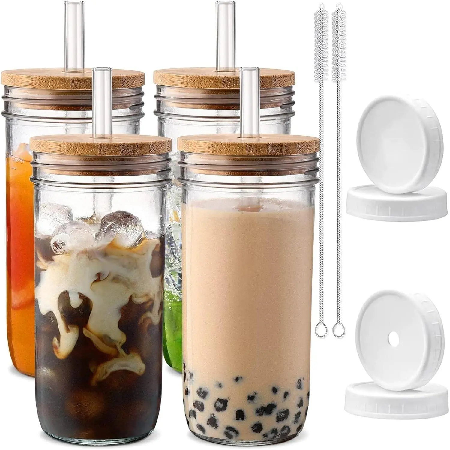 Glass Cups with Lids and Straws,24 oz Smoothie Cup with Lid and Straw-Boba Mason Jar,Matcha Cup Wide Mouth Reusable Drinking Glasses,Iced Coffee Cups Glass,Vasos De Vidrio【4 Pack】