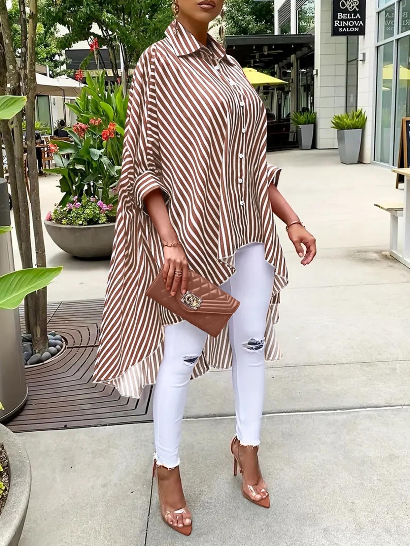 Women's Striped Print Button Front Shirt, Casual 3/4 Sleeve Collared Top for Spring, Ladies Clothes for Daily Wear