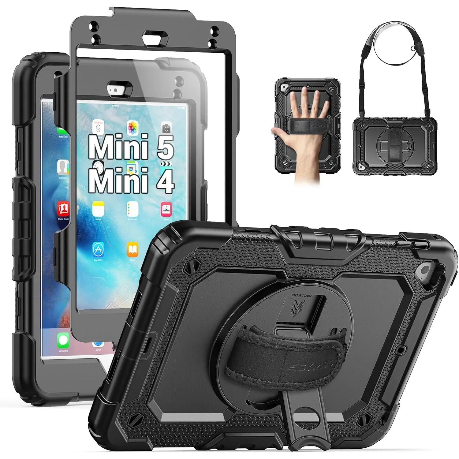 for iPad mini 5/ Mini 4 Case 7.9 Inch, Heavy Duty Shockproof Full- Protective Case with Screen Protector, 360° Rotating Stand, Hand/ Strap for iPad mini 5th/ 4th Generation, Black