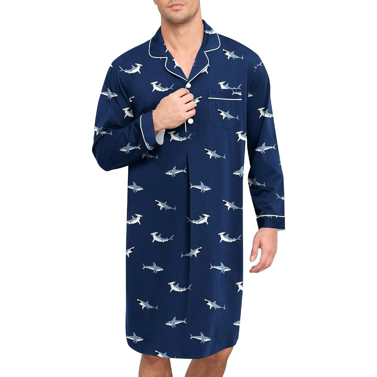 SWOMOG Mens Nightgown Long Sleeve Sleep Shirt Big & Tall Nightshirt Button Down Pajama Comfy Nightwear M-XXXL