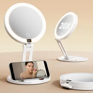 Travel Makeup Mirror with Lights (Gen 3) 20X/1X Dual Sided Magnifying Mirror with Digital Power Display Rechargeable 3 Color Dimmable CRI 95+ Portable Folding Mirror for Desk & Travel
