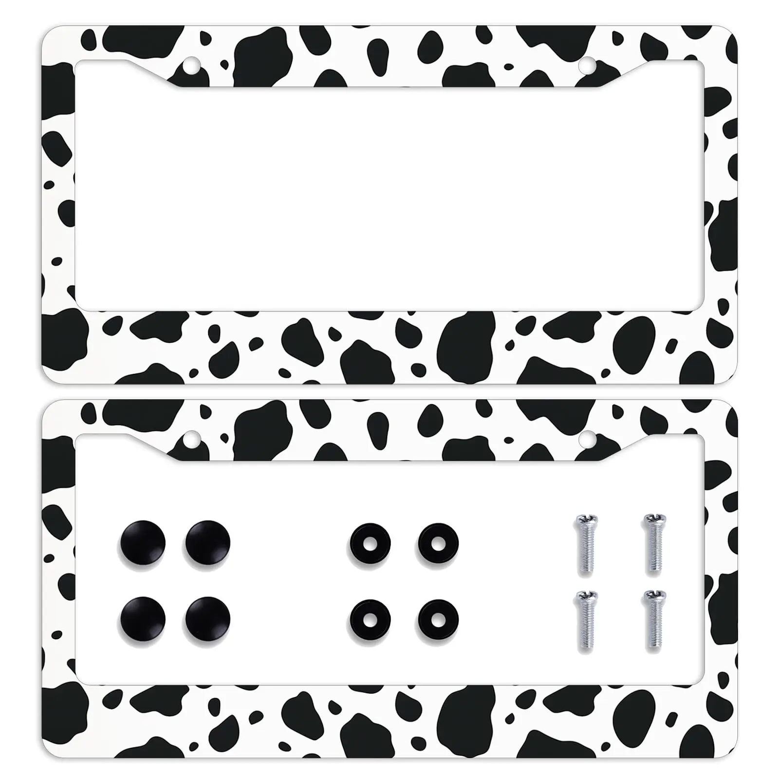 Cute Dalmatian Spots License Plate Frame 2 Pack, Classic Cow Print Car Tag Holder, White Aluminum Novelty Black Spotted Animal Texture Auto Plate Covers for Front Rear Plates with Screws Caps