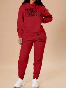 2 Pieces Womrn Sets Spring Fall Fashion Casual Home Outdoor Fitness Letter Print Women Long Sleeve Hooded Sweatshirt with Pockets + Pants Set Tracksuit
