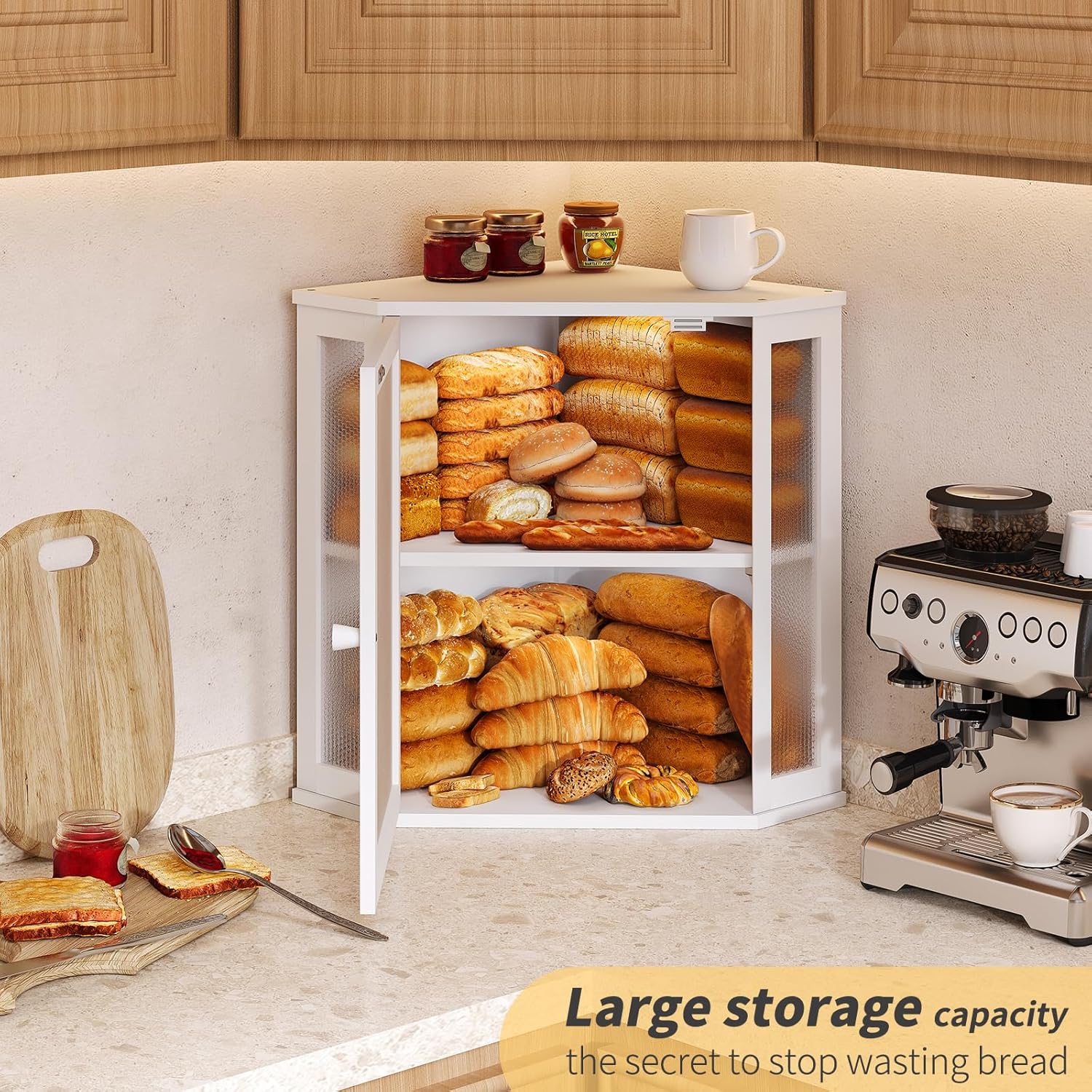 Corner Bread Box for Kitchen Countertop,Bread Storage for Homemade Bread, Double Layer Large  Kitchen Storage Bin with Window (White, Large)