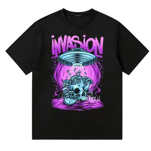 Loose Fit Alien Invasion Print Round Neck Short Sleeve Cotton T-shirt for Daily Wear
