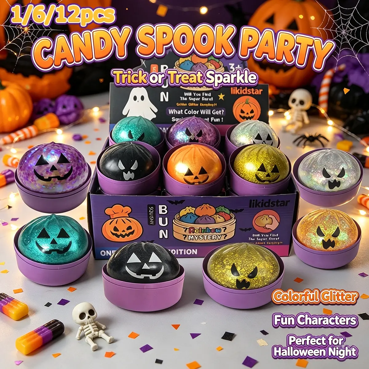 1/6/12 PCS-Halloween Pumpkin Glitter Squishy Stress Relief Toy, Spooky Ghost Face Squeeze Fidget Ball, Glitter Sensory Decompression Toy, Trick or Treat Party Favor, Anxiety Relief Toy for Kids Adults ﻿