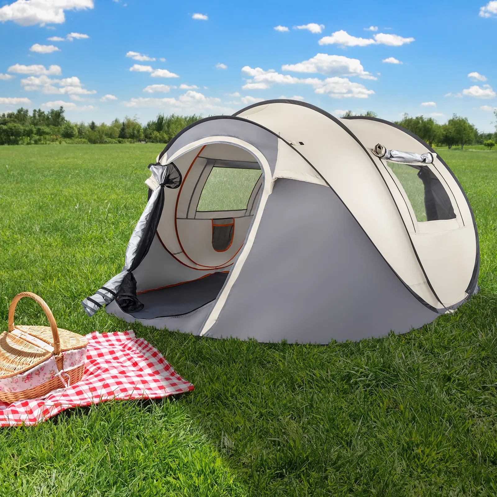 4 Person Pop Up Tent, Instant Setup Polyester Shelter with 2 Vestibules for Family Camping, Beach & Hiking, Ventilated and Windproof