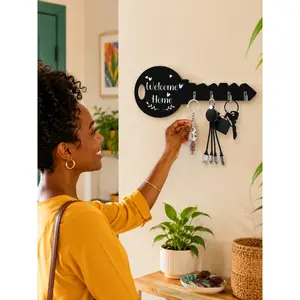 Key Shaped Wall Hook with Welcome Home Lettering, Black Wooden Key Holder Organizer with Metal Hooks for Entryway Storage, Hallway Decor, Kitchen Wall, Office Door Area, Living Room Decoration and Small Home Organization, Thoughtful Gift for Mom, Wife